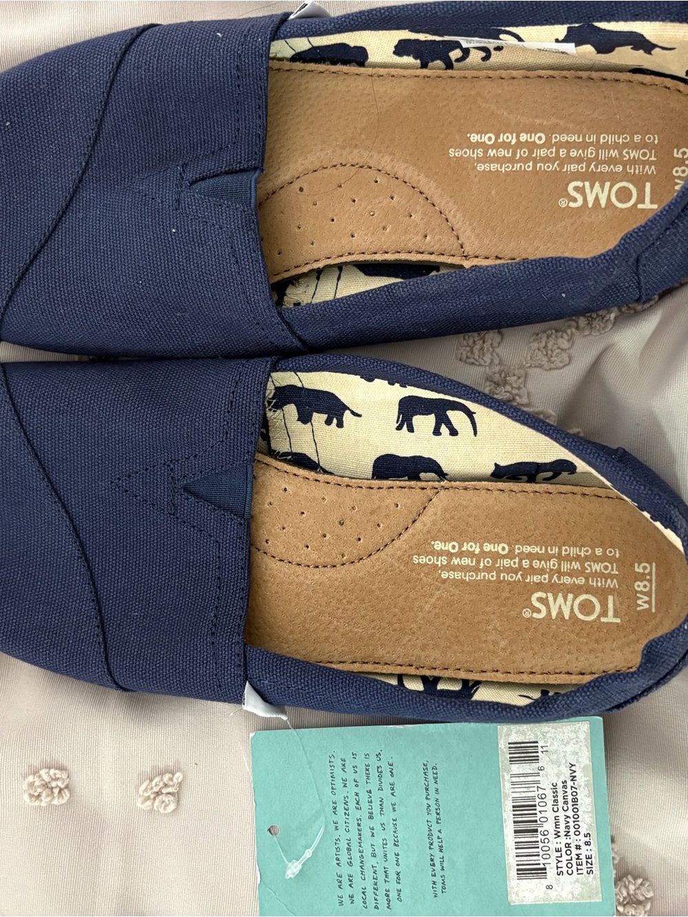 Toms Navy Canvas Slip-On Shoes with Elephant Print Lining